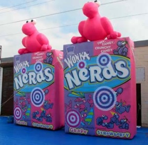 Wonka Candy Inflatable Nerds Boxes, an interactive display inviting visitors to compete by hitting velcro targets.